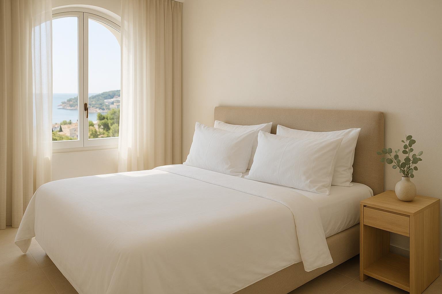 Dormitorio de apartamento vacacional limpio y luminoso